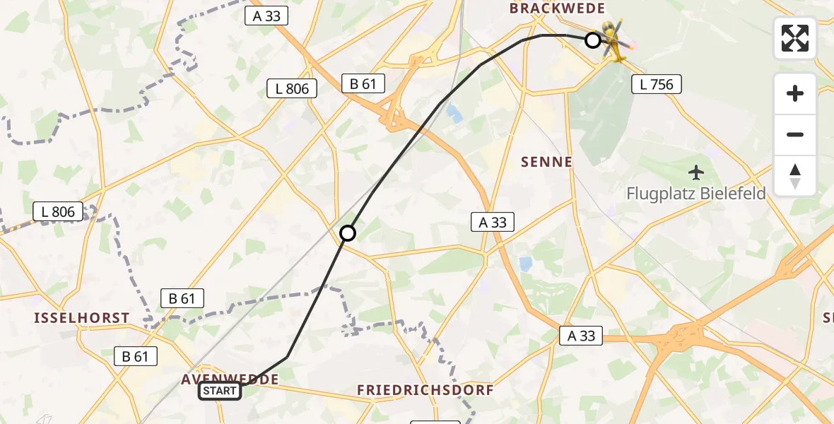 Flugroute Rettungshubschrauber Gütersloh - Luftrettungszentrum Bielefeld, 13 August 2026, 11:27