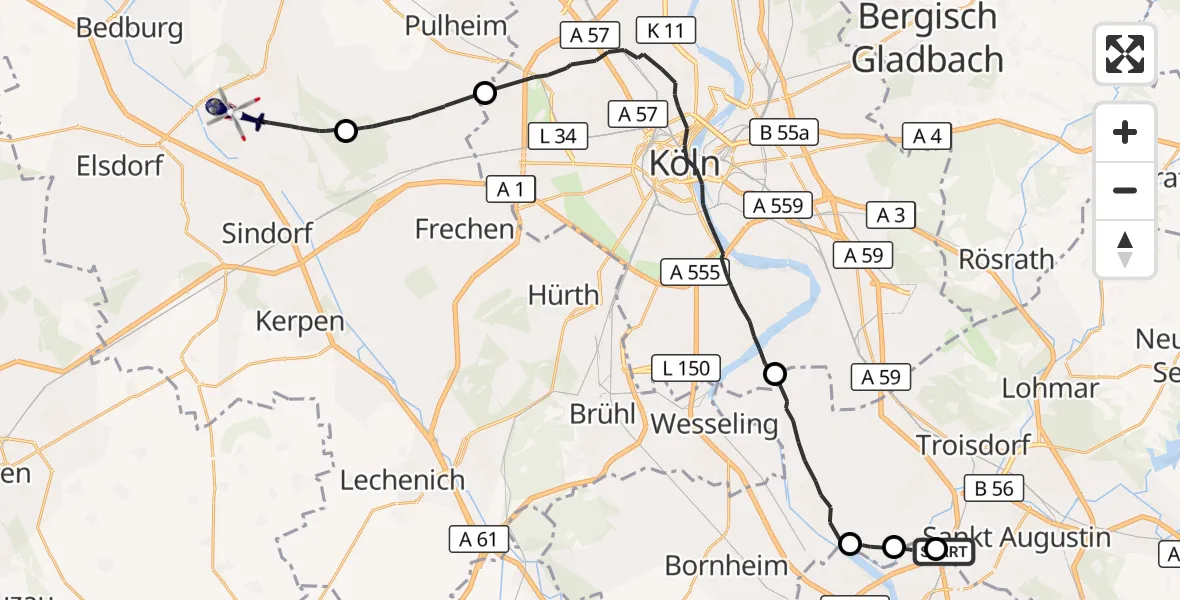 Flugroute Polizeihubschrauber Sankt Augustin - Bergheim, 13 August 2026, 11:29