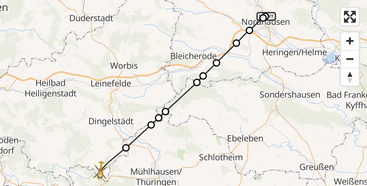 Flugroute Rettungshubschrauber Südharz Hospital Nordhausen - Dingelstädt, 13 August 2026, 11:40