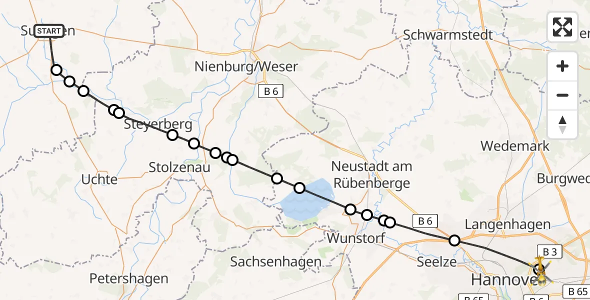 Flugroute Rettungshubschrauber Sulingen - Hannover Luftrettung Hubschrauberlandeplatz (Christoph 4), 13 August 2026, 11:41