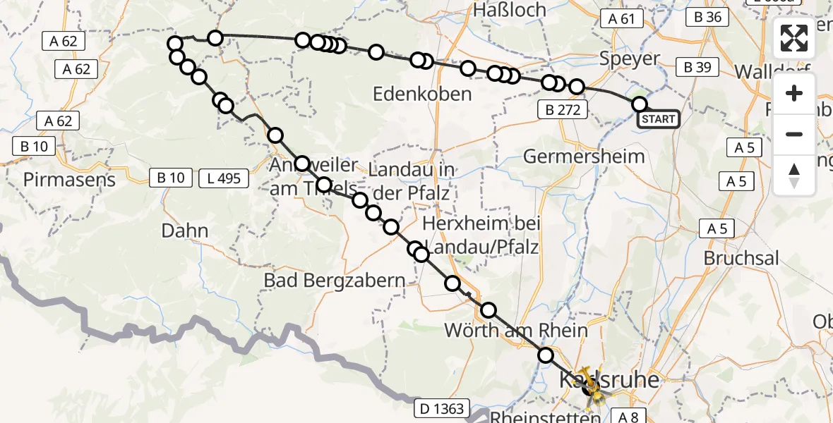 Flugroute Ambulanzhubschrauber Oberhausen-Rheinhausen - Sankt Vincentius Hospital, 13 August 2026, 11:44