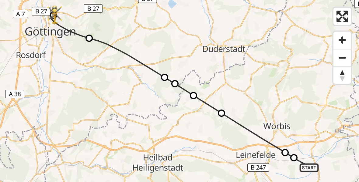 Flugroute Rettungshubschrauber Niederorschel - Göttingen University Clinic Hubschrauberlandeplatz, 13 August 2026, 11:45