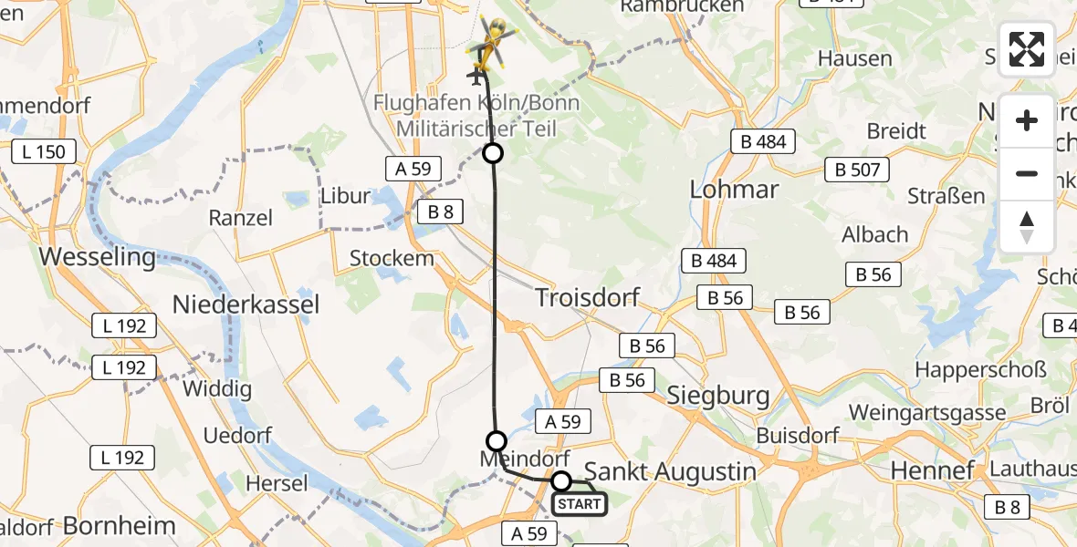 Flugroute Rettungshubschrauber Bonn-Hangelar Flugplatz - Köln Bonn Flughafen, 13 August 2026, 11:46