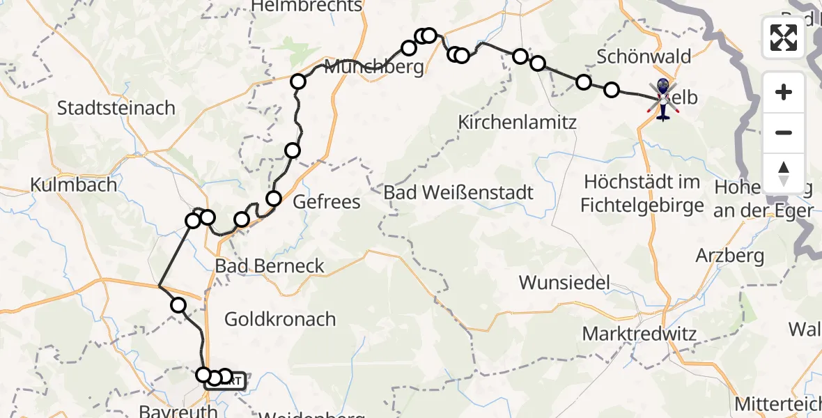 Flugroute Polizeihubschrauber Bayreuth - Selb, 13 August 2026, 12:04