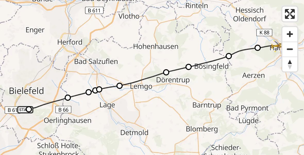 Flugroute Rettungshubschrauber Luftrettungszentrum Bielefeld - Hameln, 13 August 2026, 12:10