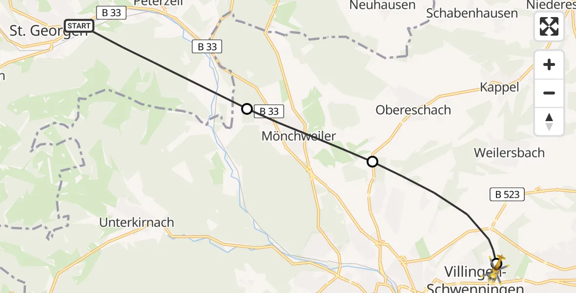 Flugroute Ambulanzhubschrauber St. Georgen im Schwarzwald - DRF Air Rescue Station Villingen-Schwenningen Hubschrauberlandeplatz (Christoph 11), 13 August 2026, 12:12