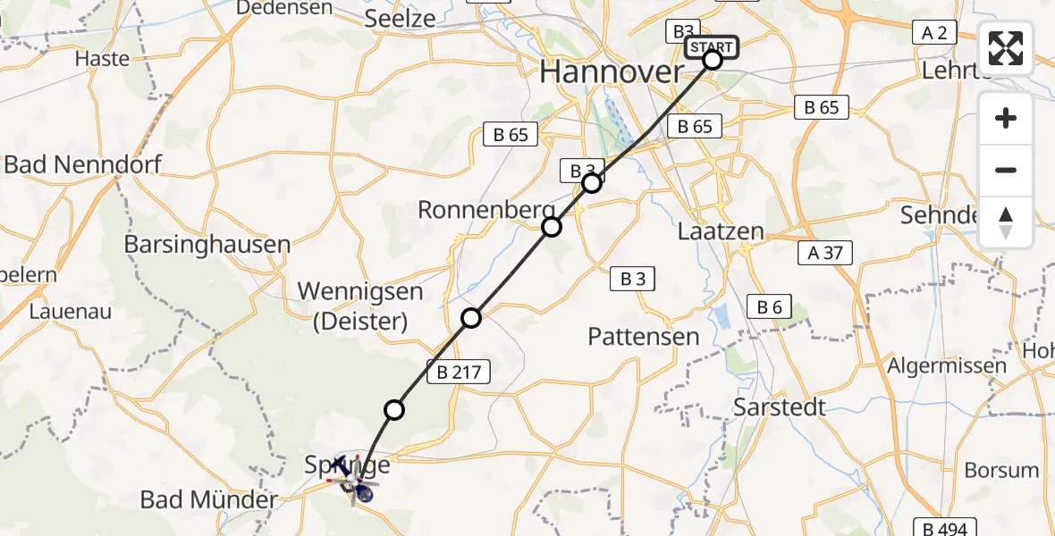 Flugroute Polizeihubschrauber Hannover Luftrettung Hubschrauberlandeplatz (Christoph 4) - Springe, 13 August 2026, 12:13