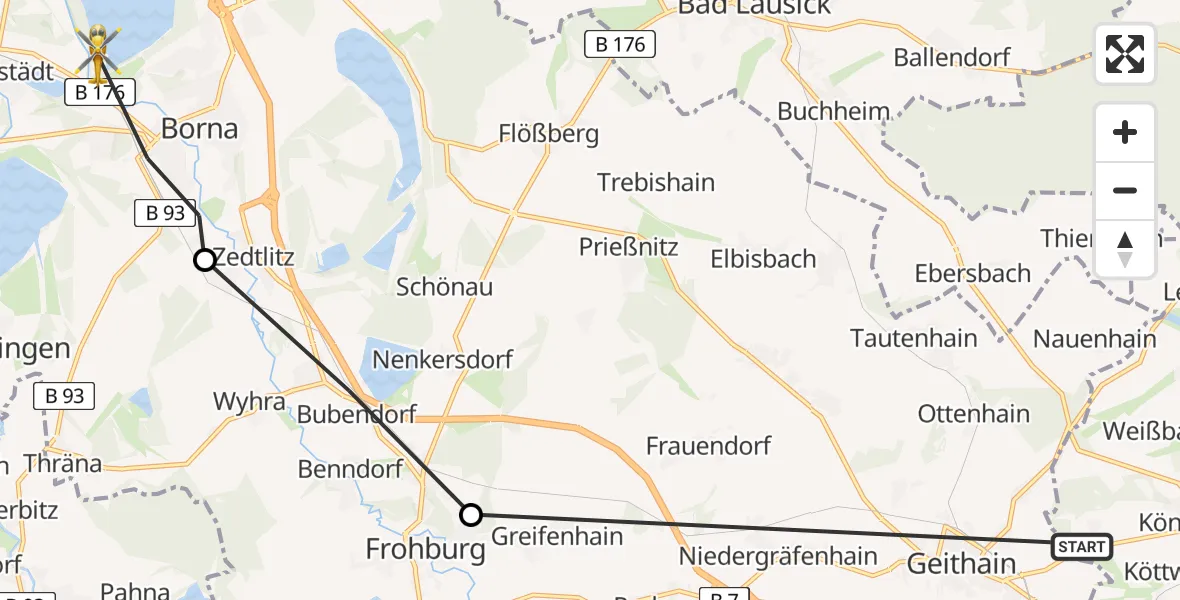 Flugroute Rettungshubschrauber Königsfeld - Borna, 13 August 2026, 12:15
