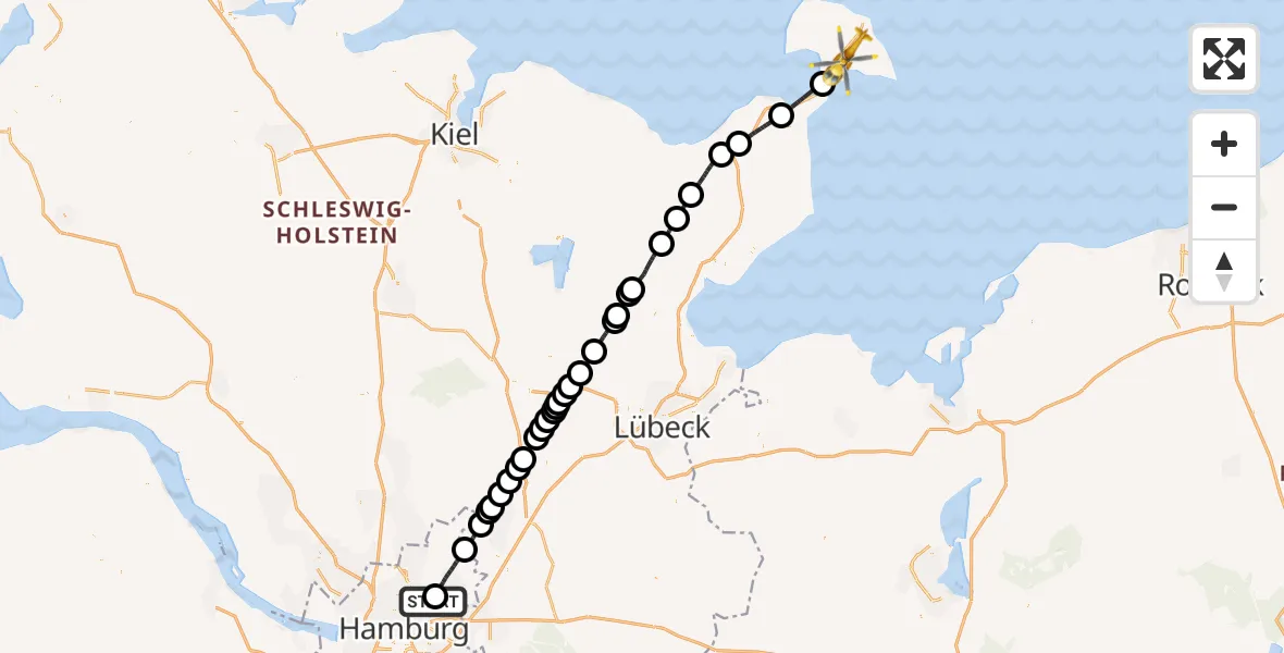 Flugroute Rettungshubschrauber Hamburg Military Hospital - Fehmarn, 13 August 2026, 12:15