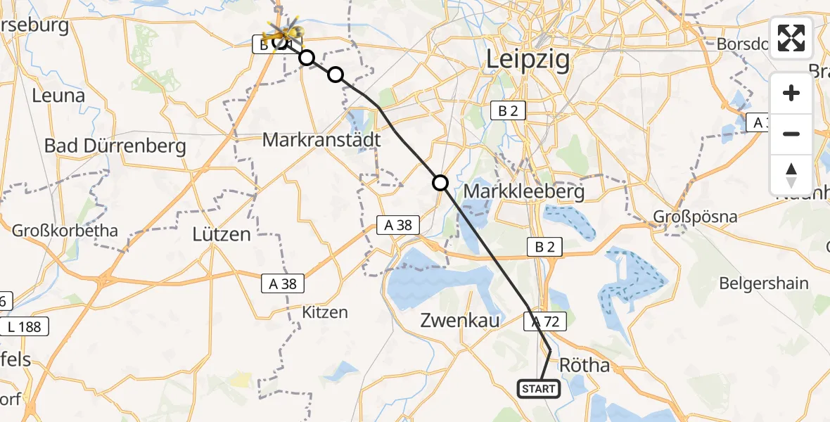 Flugroute Rettungshubschrauber Böhlen - ADAC Air Rescue Station Leipzig/Schkeuditz-Dölzig Hubschrauberlandeplatz (Christoph 61), 13 August 2026, 12:20
