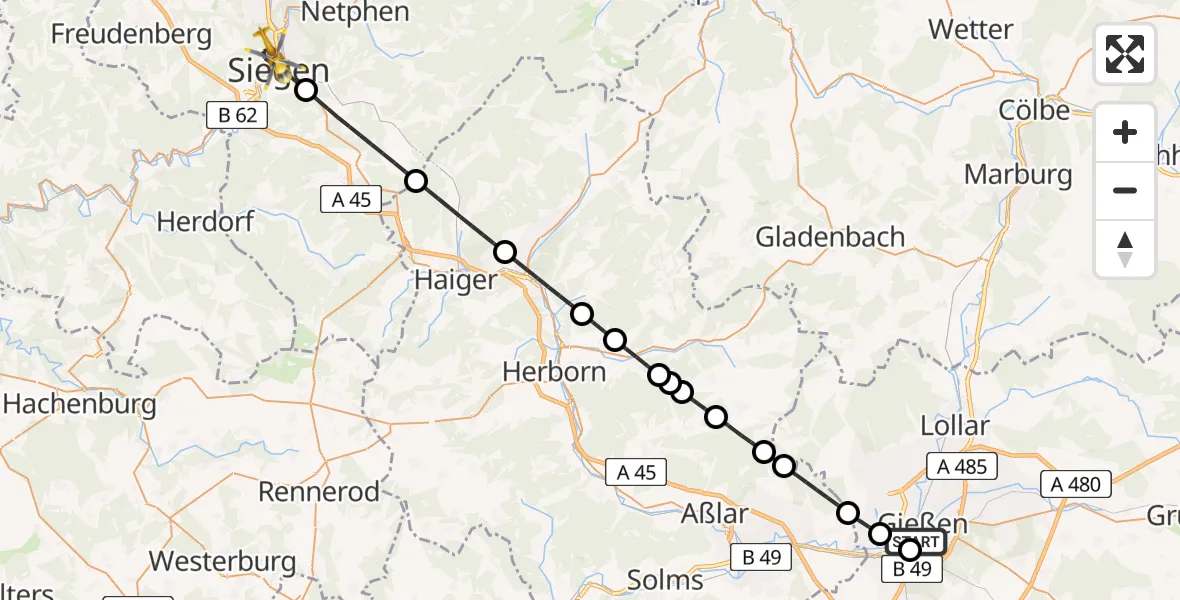Flugroute Rettungshubschrauber Gießen University Hospital - Siegen, 13 August 2026, 12:21