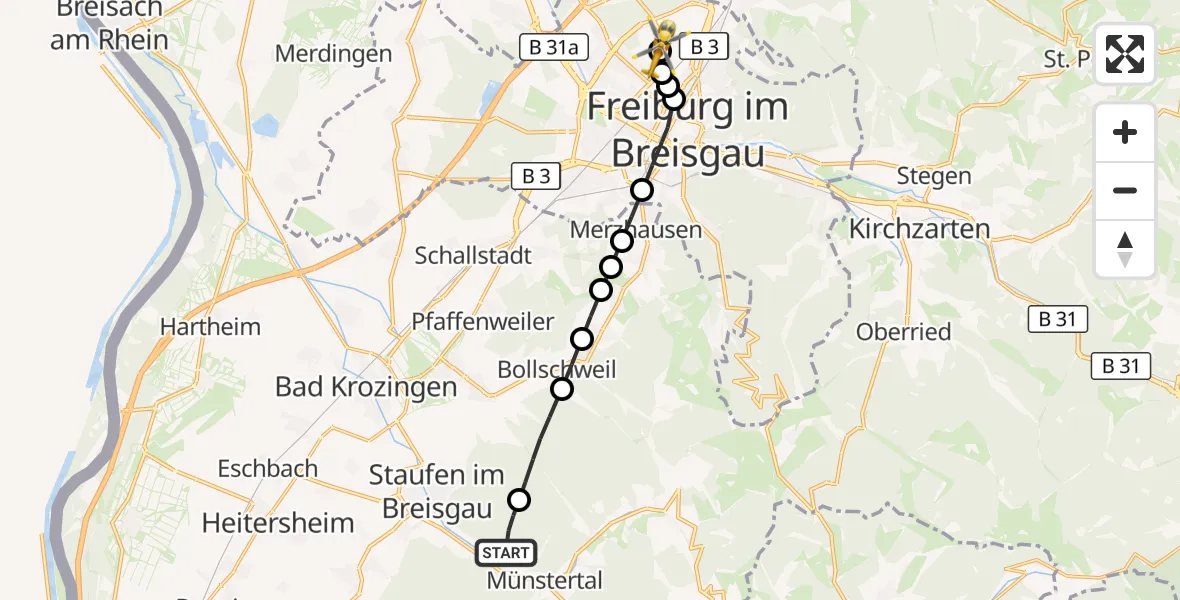 Flugroute Ambulanzhubschrauber Münstertal/Schwarzwald - Freiburg im Breisgau Flugplatz, 13 August 2026, 12:27