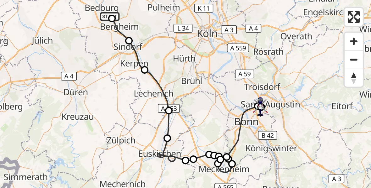 Flugroute Polizeihubschrauber Bergheim Flugplatz - Sankt Augustin, 13 August 2026, 12:35