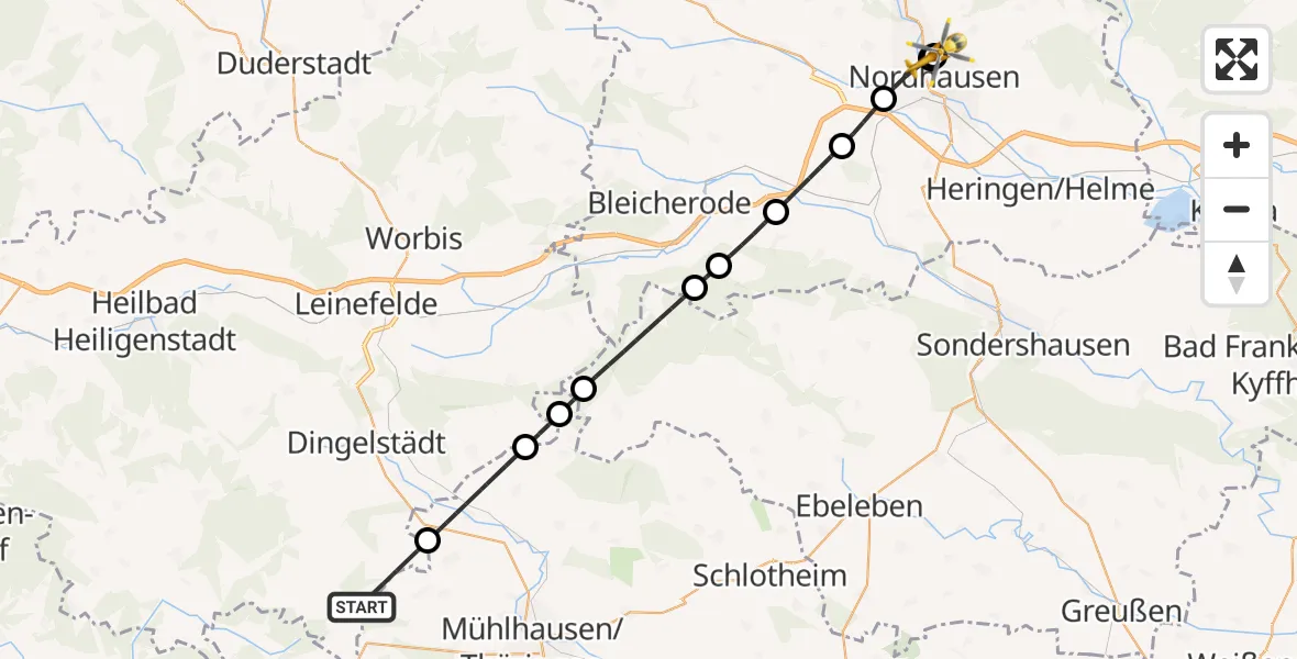 Flugroute Rettungshubschrauber Dingelstädt - Südharz Hospital Nordhausen, 13 August 2026, 12:37