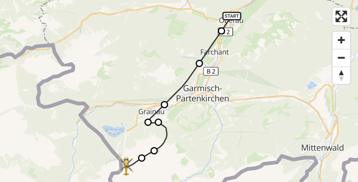 Flugroute Rettungshubschrauber Oberau - Grainau, 13 August 2026, 12:38