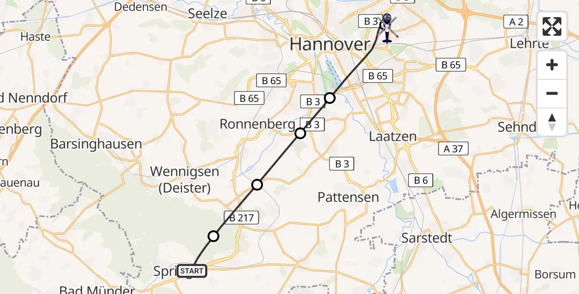 Flugroute Polizeihubschrauber Springe - Hannover Luftrettung Hubschrauberlandeplatz (Christoph 4), 13 August 2026, 12:56