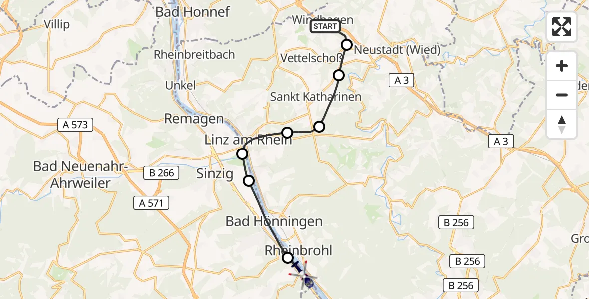 Flugroute Polizeihubschrauber Windhagen - Brohl-Lützing, 13 August 2026, 13:00