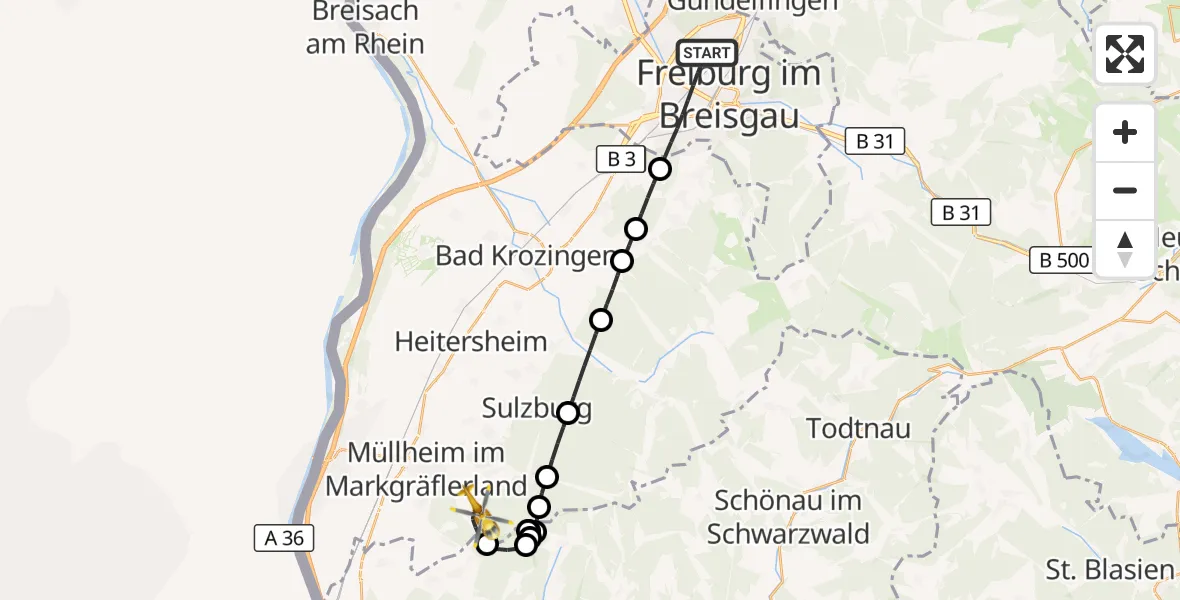 Flugroute Ambulanzhubschrauber Freiburg im Breisgau - Badenweiler, 13 August 2026, 13:01