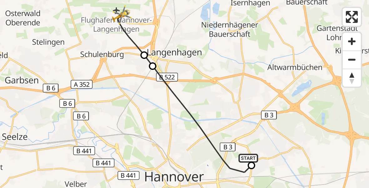 Flugroute Rettungshubschrauber Hannover Luftrettung Hubschrauberlandeplatz (Christoph 4) - Flughafen Hannover, 13 August 2026, 13:02