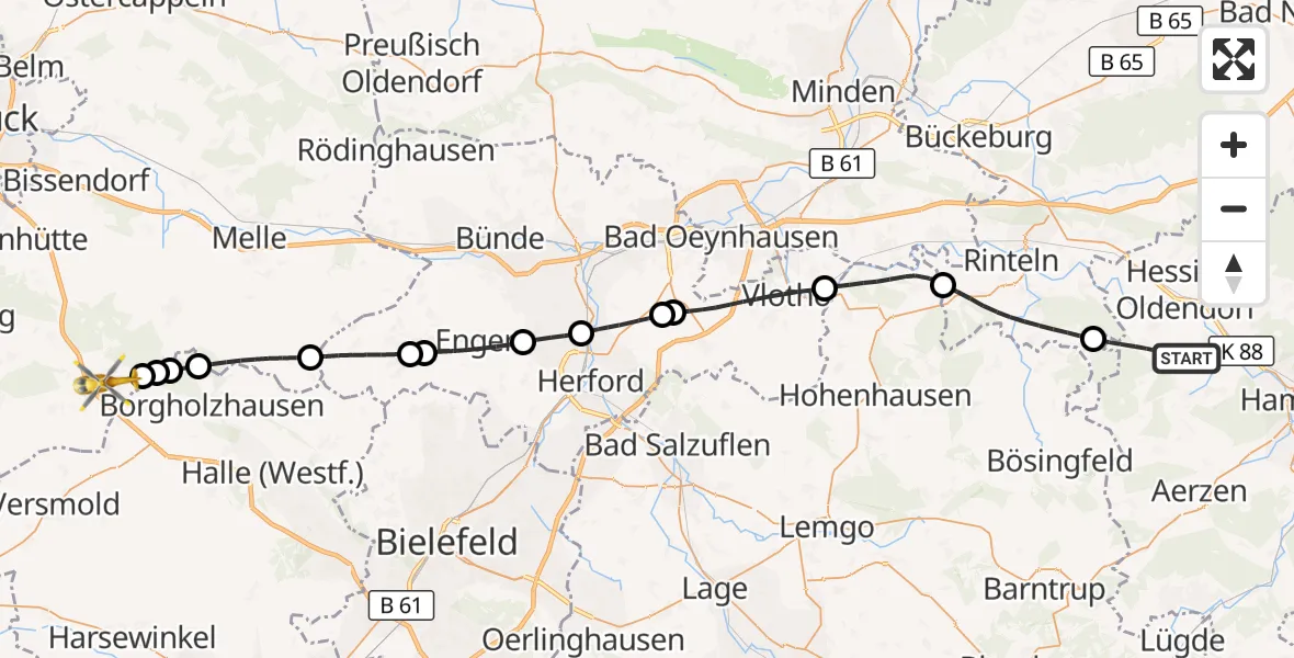 Flugroute Rettungshubschrauber Hessisch Oldendorf - Dissen am Teutoburger Wald, 13 August 2026, 13:05