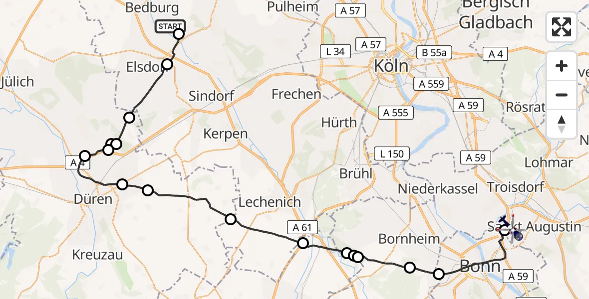 Flugroute Polizeihubschrauber Bergheim Flugplatz - Sankt Augustin, 13 August 2026, 13:06