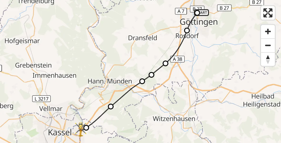 Flugroute Rettungshubschrauber Göttingen University Clinic Hubschrauberlandeplatz - Niestetal, 13 August 2026, 13:23
