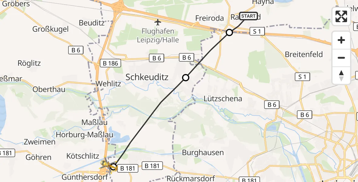 Flugroute Rettungshubschrauber Schkeuditz - ADAC Air Rescue Station Leipzig/Schkeuditz-Dölzig Hubschrauberlandeplatz (Christoph 61), 13 August 2026, 13:32