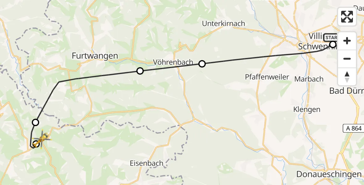 Flugroute Ambulanzhubschrauber DRF Air Rescue Station Villingen-Schwenningen Hubschrauberlandeplatz (Christoph 11) - Titisee-Neustadt, 13 August 2026, 13:34