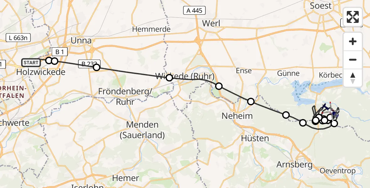 Flugroute Polizeihubschrauber Dortmund Flughafen - Möhnesee, 13 August 2026, 13:42