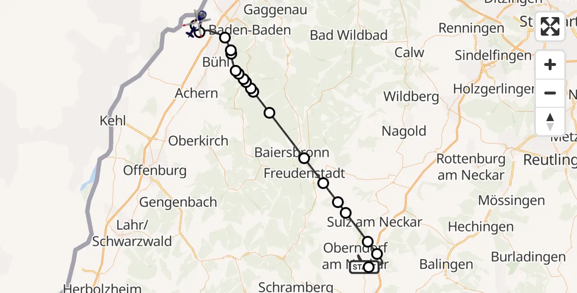 Flugroute Polizeihubschrauber Oberndorf am Neckar - Karlsruhe Baden-Baden Flughafen, 13 August 2026, 13:43