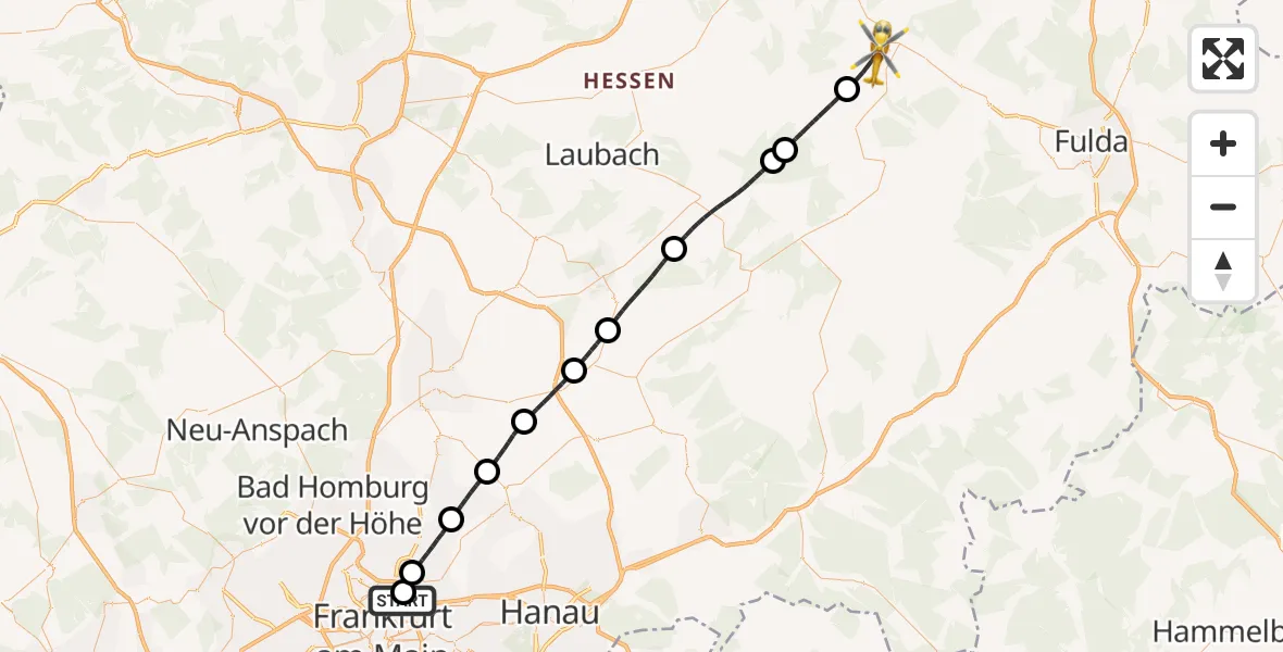 Flugroute Rettungshubschrauber Frankfurt am Main Accident Hospital Roof Helipad (CHX2) - Lauterbach (Hessen), 13 August 2026, 13:47