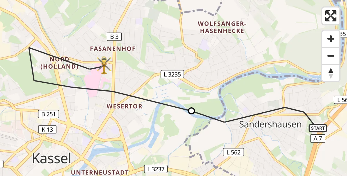 Flugroute Rettungshubschrauber Niestetal - Kassel, 13 August 2026, 13:55