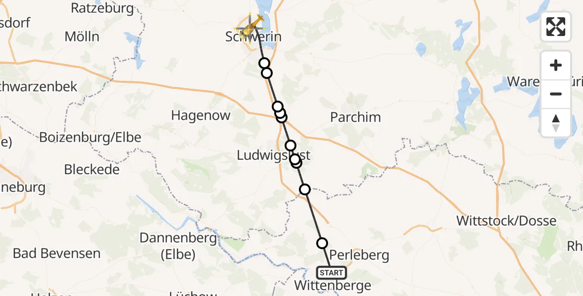 Flugroute Rettungshubschrauber Wittenberge - Schwerin, 13 August 2026, 13:57