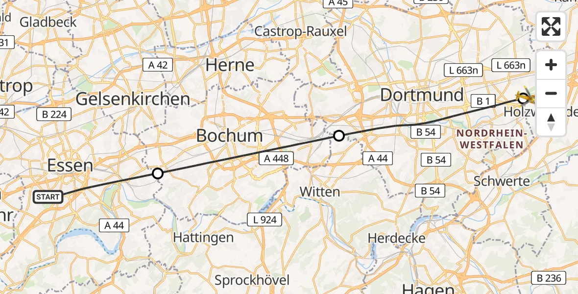 Flugroute Rettungshubschrauber Essen - Dortmund Flughafen, 13 August 2026, 13:58