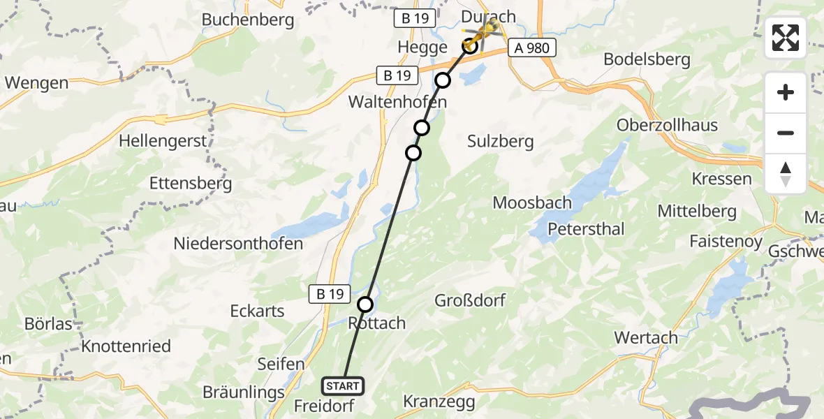 Flugroute Rettungshubschrauber Rettenberg - Kempten-Durach Flugplatz, 13 August 2026, 14:00