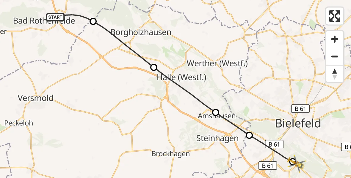 Flugroute Rettungshubschrauber Dissen am Teutoburger Wald - Luftrettungszentrum Bielefeld, 13 August 2026, 14:05