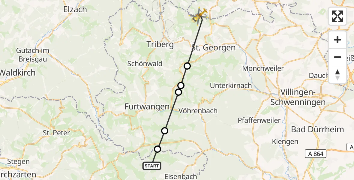 Flugroute Ambulanzhubschrauber Eisenbach (Hochschwarzwald) - St. Georgen im Schwarzwald, 13 August 2026, 14:19