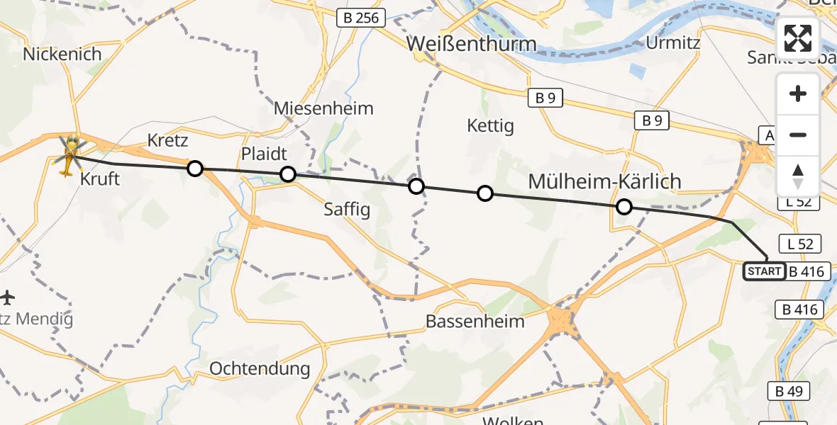 Flugroute Rettungshubschrauber Koblenz - Kruft, 13 August 2026, 14:21