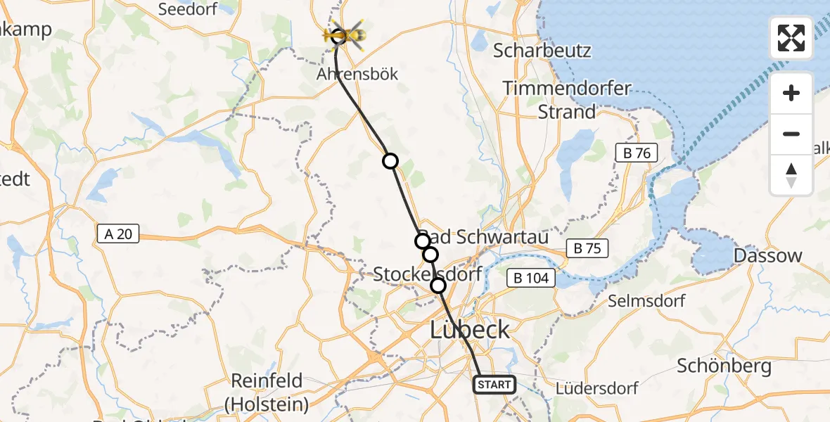 Flugroute Rettungshubschrauber Lübeck - Christoph 12 Luftrettungszentrum, 13 August 2026, 14:22