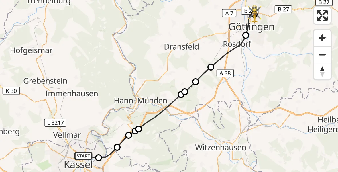 Flugroute Rettungshubschrauber Kassel - Göttingen University Clinic Hubschrauberlandeplatz, 13 August 2026, 14:24