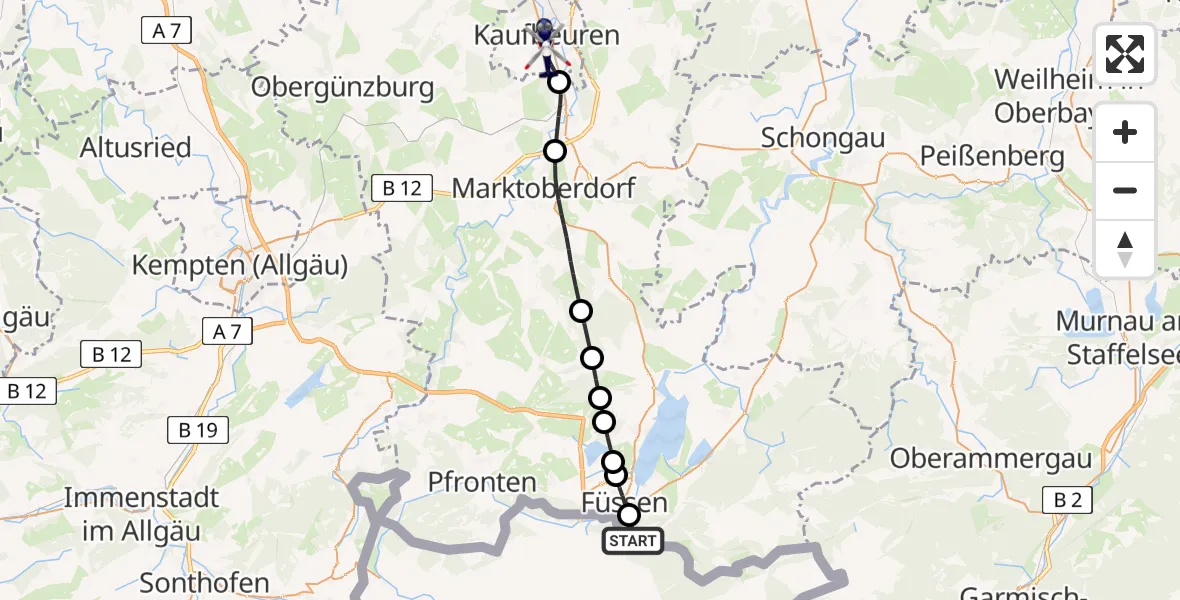 Flugroute Polizeihubschrauber Schwangau - Kaufbeuren, 13 August 2026, 14:33