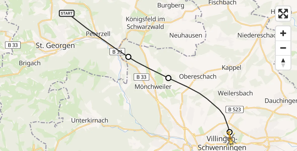 Flugroute Ambulanzhubschrauber St. Georgen im Schwarzwald - DRF Air Rescue Station Villingen-Schwenningen Hubschrauberlandeplatz (Christoph 11), 13 August 2026, 14:47