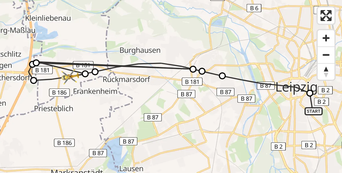 Flugroute Rettungshubschrauber Leipzig University Hospital Heliport 1 - Schkeuditz, 13 August 2026, 14:48
