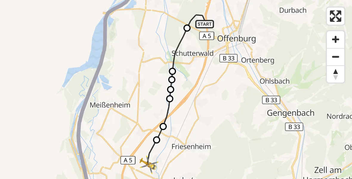 Flugroute Rettungshubschrauber Offenburg - Lahr Flughafen, 13 August 2026, 14:51