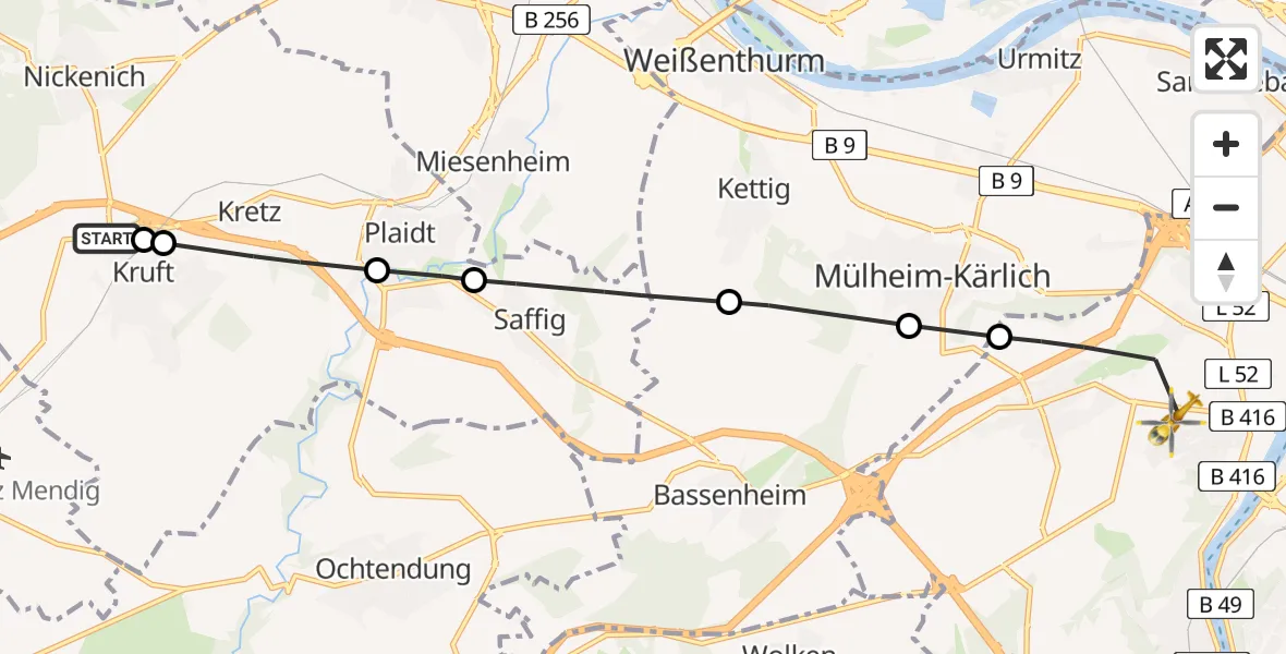 Flugroute Rettungshubschrauber Kruft - Koblenz, 13 August 2026, 15:05