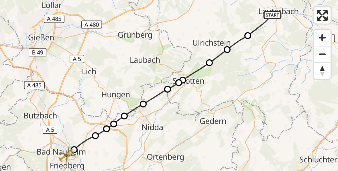 Flugroute Rettungshubschrauber Lauterbach (Hessen) - Bad Nauheim, 13 August 2026, 15:19