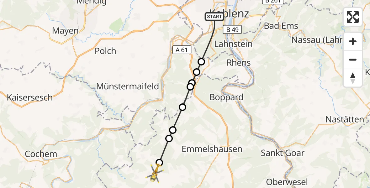 Flugroute Rettungshubschrauber Koblenz - Dommershausen, 13 August 2026, 15:23