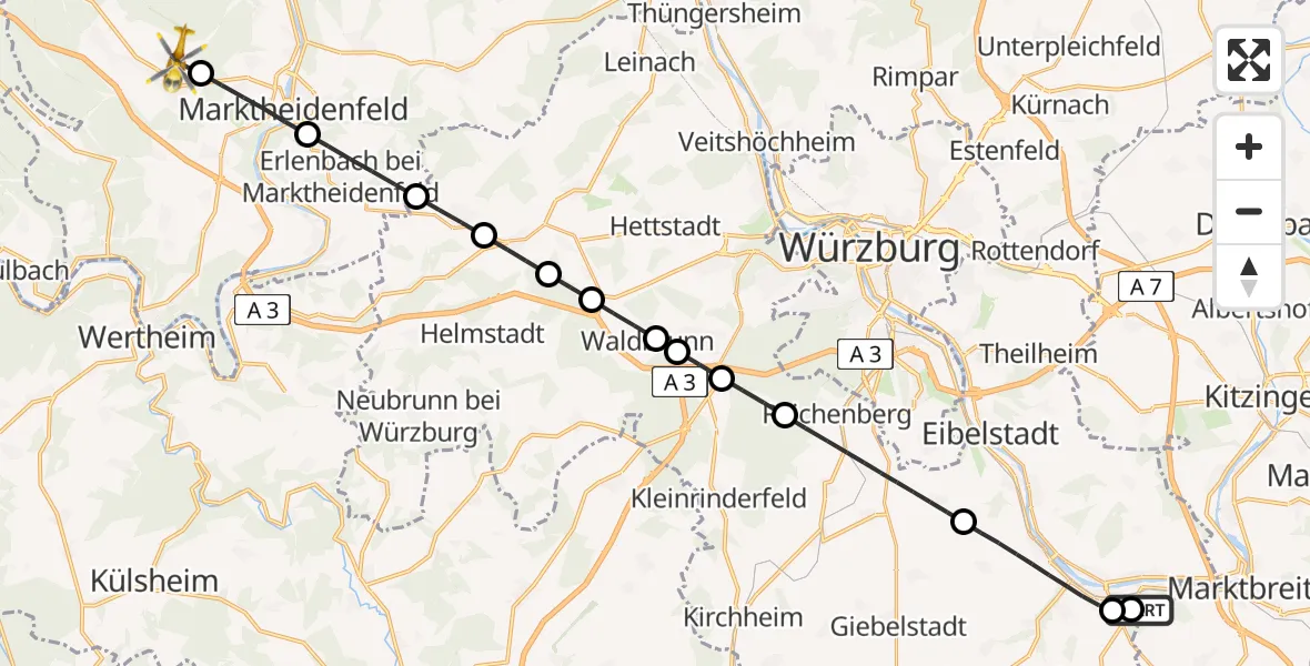Flugroute Rettungshubschrauber Ochsenfurt Hospital - Esselbach, 13 August 2026, 15:23