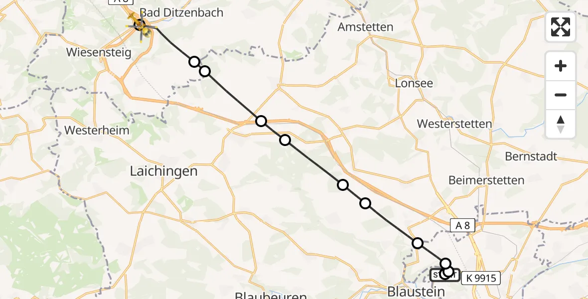 Flugroute Rettungshubschrauber Ulm Military Hospital Emergency - Mühlhausen im Täle, 13 August 2026, 15:30