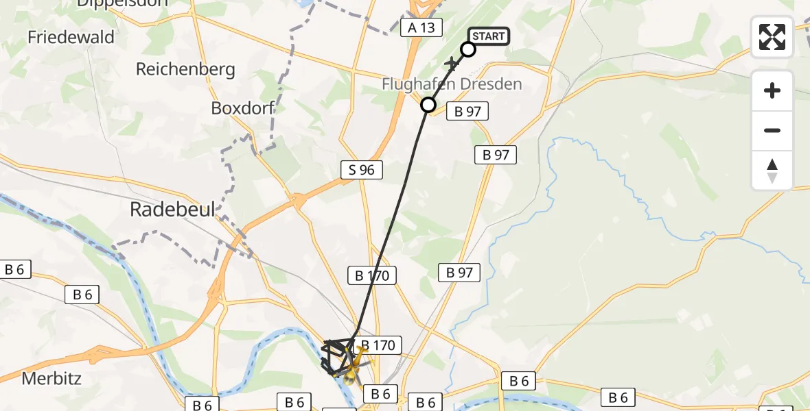 Flugroute Rettungshubschrauber Dresden Bundespolizei Hubschrauberlandeplatz - Dresden, 13 August 2026, 15:32